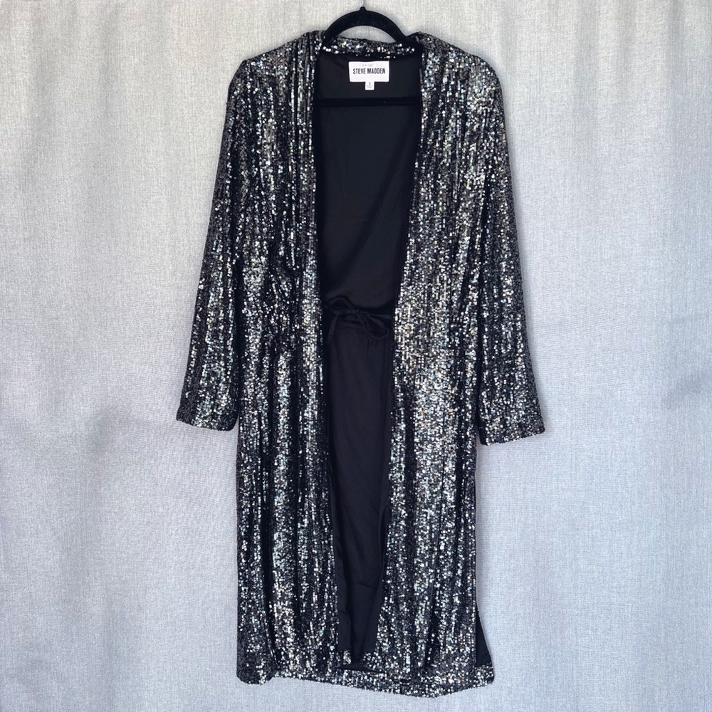 Steve Madden Sparkling Sequin Black Duster Cardigan BB Dakota Showstopper